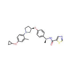 Cc1cc(OC2CC2)ccc1N1CC[C@@H](Oc2ccc([C@H](C)NC(=O)c3cncs3)cc2)C1 ZINC001772625678