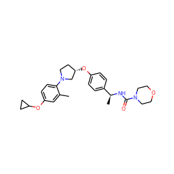 Cc1cc(OC2CC2)ccc1N1CC[C@H](Oc2ccc([C@H](C)NC(=O)N3CCOCC3)cc2)C1 ZINC001772643831