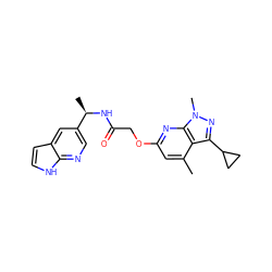 Cc1cc(OCC(=O)N[C@H](C)c2cnc3[nH]ccc3c2)nc2c1c(C1CC1)nn2C ZINC000117511309