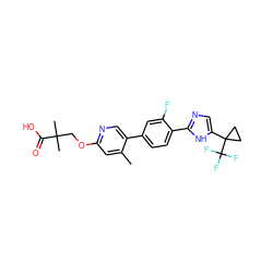 Cc1cc(OCC(C)(C)C(=O)O)ncc1-c1ccc(-c2ncc(C3(C(F)(F)F)CC3)[nH]2)c(F)c1 ZINC000200832574