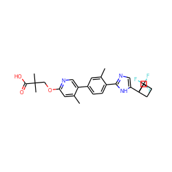 Cc1cc(OCC(C)(C)C(=O)O)ncc1-c1ccc(-c2ncc(C3(C(F)(F)F)CCC3)[nH]2)c(C)c1 ZINC000218545582