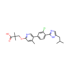 Cc1cc(OCC(C)(C)C(=O)O)ncc1-c1ccc(-c2ncc(CC(C)C)[nH]2)c(Cl)c1 ZINC000218559874