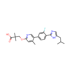 Cc1cc(OCC(C)(C)C(=O)O)ncc1-c1ccc(-c2ncc(CC(C)C)[nH]2)c(F)c1 ZINC000218559669