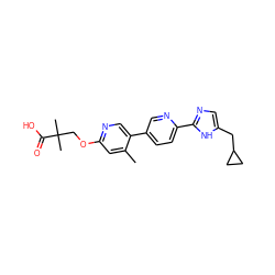 Cc1cc(OCC(C)(C)C(=O)O)ncc1-c1ccc(-c2ncc(CC3CC3)[nH]2)nc1 ZINC000218559773