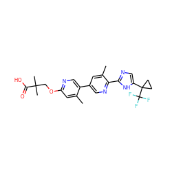 Cc1cc(OCC(C)(C)C(=O)O)ncc1-c1cnc(-c2ncc(C3(C(F)(F)F)CC3)[nH]2)c(C)c1 ZINC000218558179