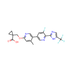 Cc1cc(OCC2(C(=O)O)CC2)ncc1-c1cnc(-c2ncc(C(F)(F)F)[nH]2)c(F)c1 ZINC000218560979