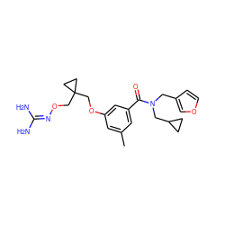 Cc1cc(OCC2(CON=C(N)N)CC2)cc(C(=O)N(Cc2ccoc2)CC2CC2)c1 ZINC000027199271