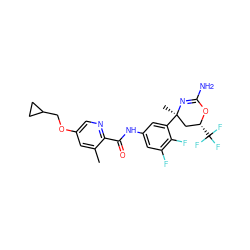 Cc1cc(OCC2CC2)cnc1C(=O)Nc1cc(F)c(F)c([C@]2(C)C[C@@H](C(F)(F)F)OC(N)=N2)c1 ZINC000223535546