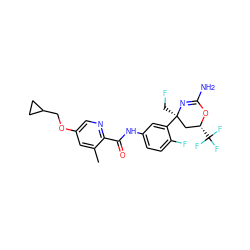 Cc1cc(OCC2CC2)cnc1C(=O)Nc1ccc(F)c([C@]2(CF)C[C@@H](C(F)(F)F)OC(N)=N2)c1 ZINC000223558650