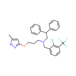 Cc1cc(OCCCN(Cc2cccc(C(F)(F)F)c2Cl)CC(c2ccccc2)c2ccccc2)n[nH]1 ZINC000040402948