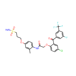 Cc1cc(OCCCS(N)(=O)=O)ccc1NC(=O)COc1ccc(Cl)cc1C(=O)c1cc(F)cc(C(F)(F)F)c1 ZINC000003937838