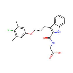 Cc1cc(OCCCc2c(C(=O)NCC(=O)O)[nH]c3ccccc23)cc(C)c1Cl ZINC001772582494