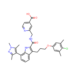 Cc1cc(OCCCc2c(C(=O)NCc3cc(C(=O)O)ccn3)[nH]c3c(-c4c(C)nn(C)c4C)cccc23)cc(C)c1Cl ZINC000653710294