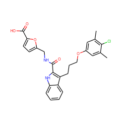 Cc1cc(OCCCc2c(C(=O)NCc3ccc(C(=O)O)o3)[nH]c3ccccc23)cc(C)c1Cl ZINC001772657878