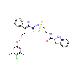 Cc1cc(OCCCc2c(C(=O)NS(=O)(=O)CCNC(=O)[C@@H]3Cc4ccccc4N3)[nH]c3ccccc23)cc(C)c1Cl ZINC000222496473