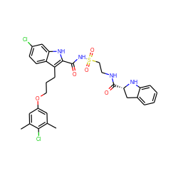 Cc1cc(OCCCc2c(C(=O)NS(=O)(=O)CCNC(=O)[C@H]3Cc4ccccc4N3)[nH]c3cc(Cl)ccc23)cc(C)c1Cl ZINC000222494127