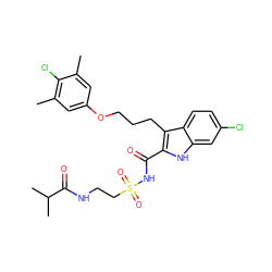 Cc1cc(OCCCc2c(C(=O)NS(=O)(=O)CCNC(=O)C(C)C)[nH]c3cc(Cl)ccc23)cc(C)c1Cl ZINC000222372137