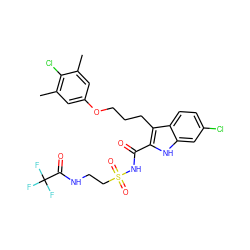 Cc1cc(OCCCc2c(C(=O)NS(=O)(=O)CCNC(=O)C(F)(F)F)[nH]c3cc(Cl)ccc23)cc(C)c1Cl ZINC000222378910