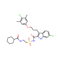 Cc1cc(OCCCc2c(C(=O)NS(=O)(=O)CCNC(=O)C3CCCCC3)[nH]c3cc(Cl)ccc23)cc(C)c1Cl ZINC000222480309