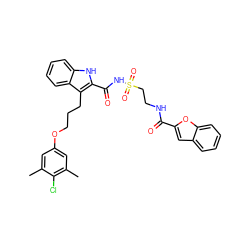 Cc1cc(OCCCc2c(C(=O)NS(=O)(=O)CCNC(=O)c3cc4ccccc4o3)[nH]c3ccccc23)cc(C)c1Cl ZINC000222692094