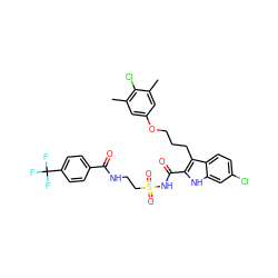 Cc1cc(OCCCc2c(C(=O)NS(=O)(=O)CCNC(=O)c3ccc(C(F)(F)F)cc3)[nH]c3cc(Cl)ccc23)cc(C)c1Cl ZINC000222701594