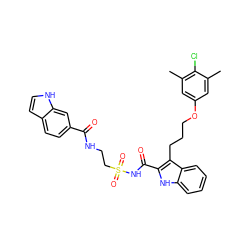 Cc1cc(OCCCc2c(C(=O)NS(=O)(=O)CCNC(=O)c3ccc4cc[nH]c4c3)[nH]c3ccccc23)cc(C)c1Cl ZINC000222494290