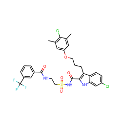 Cc1cc(OCCCc2c(C(=O)NS(=O)(=O)CCNC(=O)c3cccc(C(F)(F)F)c3)[nH]c3cc(Cl)ccc23)cc(C)c1Cl ZINC000222397211