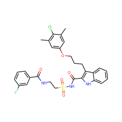 Cc1cc(OCCCc2c(C(=O)NS(=O)(=O)CCNC(=O)c3cccc(F)c3)[nH]c3ccccc23)cc(C)c1Cl ZINC000653727797