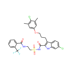 Cc1cc(OCCCc2c(C(=O)NS(=O)(=O)CCNC(=O)c3ccccc3C(F)(F)F)[nH]c3cc(Cl)ccc23)cc(C)c1Cl ZINC000222696035