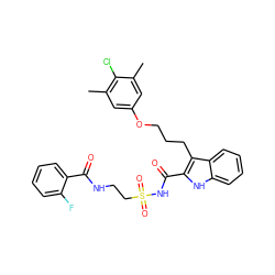 Cc1cc(OCCCc2c(C(=O)NS(=O)(=O)CCNC(=O)c3ccccc3F)[nH]c3ccccc23)cc(C)c1Cl ZINC000222705510