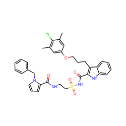 Cc1cc(OCCCc2c(C(=O)NS(=O)(=O)CCNC(=O)c3cccn3Cc3ccccc3)[nH]c3ccccc23)cc(C)c1Cl ZINC000653746728