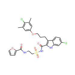 Cc1cc(OCCCc2c(C(=O)NS(=O)(=O)CCNC(=O)c3ccco3)[nH]c3cc(Cl)ccc23)cc(C)c1Cl ZINC000653726145