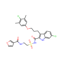 Cc1cc(OCCCc2c(C(=O)NS(=O)(=O)CCNC(=O)c3ccoc3)[nH]c3cc(Cl)ccc23)cc(C)c1Cl ZINC000653726118