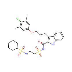 Cc1cc(OCCCc2c(C(=O)NS(=O)(=O)CCNS(=O)(=O)C3CCCCC3)[nH]c3ccccc23)cc(C)c1Cl ZINC000222389786