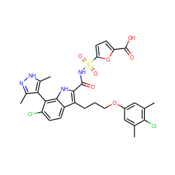 Cc1cc(OCCCc2c(C(=O)NS(=O)(=O)c3ccc(C(=O)O)o3)[nH]c3c(-c4c(C)n[nH]c4C)c(Cl)ccc23)cc(C)c1Cl ZINC000584905255