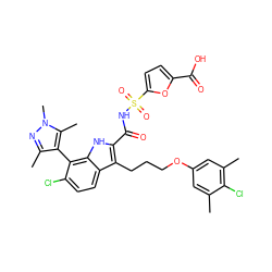 Cc1cc(OCCCc2c(C(=O)NS(=O)(=O)c3ccc(C(=O)O)o3)[nH]c3c(-c4c(C)nn(C)c4C)c(Cl)ccc23)cc(C)c1Cl ZINC000653735417