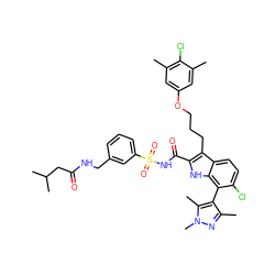 Cc1cc(OCCCc2c(C(=O)NS(=O)(=O)c3cccc(CNC(=O)CC(C)C)c3)[nH]c3c(-c4c(C)nn(C)c4C)c(Cl)ccc23)cc(C)c1Cl ZINC000653724589