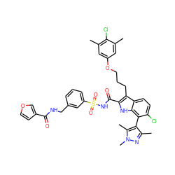 Cc1cc(OCCCc2c(C(=O)NS(=O)(=O)c3cccc(CNC(=O)c4ccoc4)c3)[nH]c3c(-c4c(C)nn(C)c4C)c(Cl)ccc23)cc(C)c1Cl ZINC000653736034