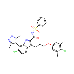 Cc1cc(OCCCc2c(C(=O)NS(=O)(=O)c3ccccc3)[nH]c3c(-c4c(C)n[nH]c4C)c(Cl)ccc23)cc(C)c1Cl ZINC000653722823