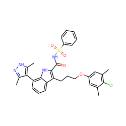 Cc1cc(OCCCc2c(C(=O)NS(=O)(=O)c3ccccc3)[nH]c3c(-c4c(C)n[nH]c4C)cccc23)cc(C)c1Cl ZINC000222681760