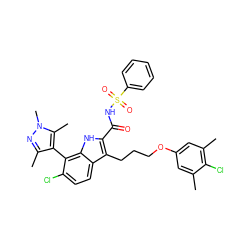 Cc1cc(OCCCc2c(C(=O)NS(=O)(=O)c3ccccc3)[nH]c3c(-c4c(C)nn(C)c4C)c(Cl)ccc23)cc(C)c1Cl ZINC000653720255