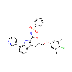 Cc1cc(OCCCc2c(C(=O)NS(=O)(=O)c3ccccc3)[nH]c3c(-c4cccnc4)cccc23)cc(C)c1Cl ZINC000222677627