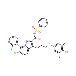 Cc1cc(OCCCc2c(C(=O)NS(=O)(=O)c3ccccc3)[nH]c3c(-c4cccnc4C)c(Cl)ccc23)cc(C)c1Cl ZINC000653721728