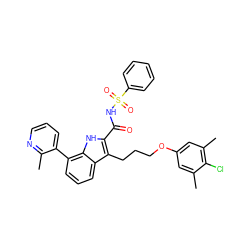 Cc1cc(OCCCc2c(C(=O)NS(=O)(=O)c3ccccc3)[nH]c3c(-c4cccnc4C)cccc23)cc(C)c1Cl ZINC000207608167