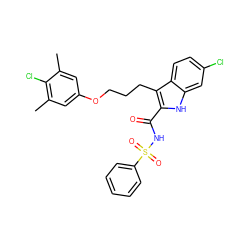 Cc1cc(OCCCc2c(C(=O)NS(=O)(=O)c3ccccc3)[nH]c3cc(Cl)ccc23)cc(C)c1Cl ZINC000653718517