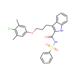 Cc1cc(OCCCc2c(C(=O)NS(=O)(=O)c3ccccc3)[nH]c3ccccc23)cc(C)c1Cl ZINC000222400502