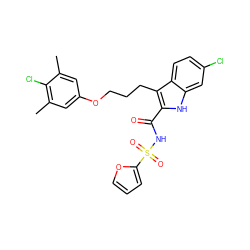 Cc1cc(OCCCc2c(C(=O)NS(=O)(=O)c3ccco3)[nH]c3cc(Cl)ccc23)cc(C)c1Cl ZINC000653720275