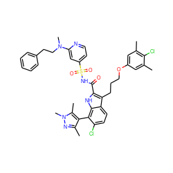 Cc1cc(OCCCc2c(C(=O)NS(=O)(=O)c3ccnc(N(C)CCc4ccccc4)c3)[nH]c3c(-c4c(C)nn(C)c4C)c(Cl)ccc23)cc(C)c1Cl ZINC000653727781