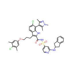 Cc1cc(OCCCc2c(C(=O)NS(=O)(=O)c3ccnc(NC4Cc5ccccc5C4)c3)[nH]c3c(-c4c(C)nn(C)c4C)c(Cl)ccc23)cc(C)c1Cl ZINC000653727846