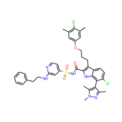 Cc1cc(OCCCc2c(C(=O)NS(=O)(=O)c3ccnc(NCCc4ccccc4)c3)[nH]c3c(-c4c(C)nn(C)c4C)c(Cl)ccc23)cc(C)c1Cl ZINC000653725581